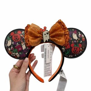 Disney Parks Halloween Ghost Sequin Bow Pumpkin Minnie Ears Headband
